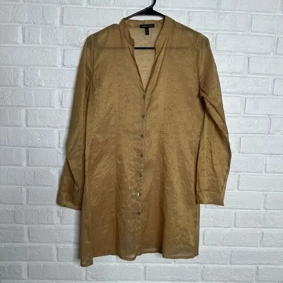 Eileen Fisher Metallic Shimmery Gold Tunic Top Button Front size XS - Picture 1 of 5